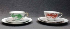 illmenau-henneberg-drachendekor-2x-gedeck-rot-und-gruen-hnadgemalt-pgh-meissen