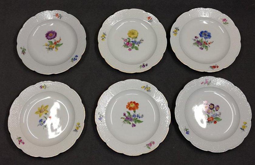 meissen-6x-teller-ozier-reliefrand-blumenmalerei-gold-d-18-7-cm